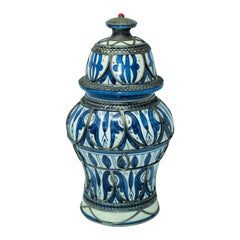 Retro Moroccan Ceramic Vase from Fez Blue and White with Silver Filigree