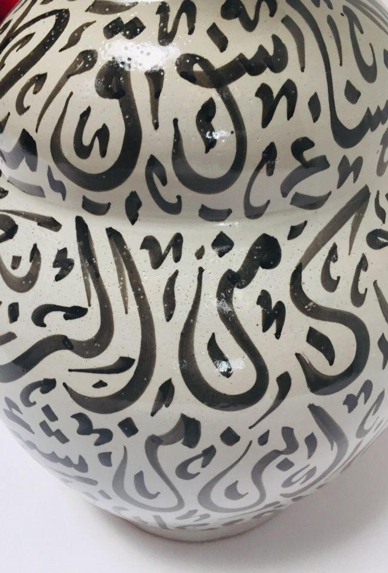 Moroccan Ceramic Vase with Arabic Black Calligraphy Writing Moorish Glazed Fez For Sale 3