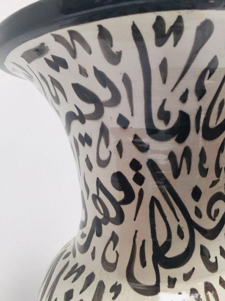 Moroccan Ceramic Vase with Arabic Black Calligraphy Writing Moorish Glazed Fez For Sale 4