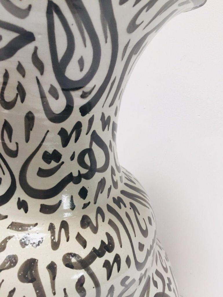 Moroccan Ceramic Vase with Arabic Black Calligraphy Writing Moorish Glazed Fez For Sale 6