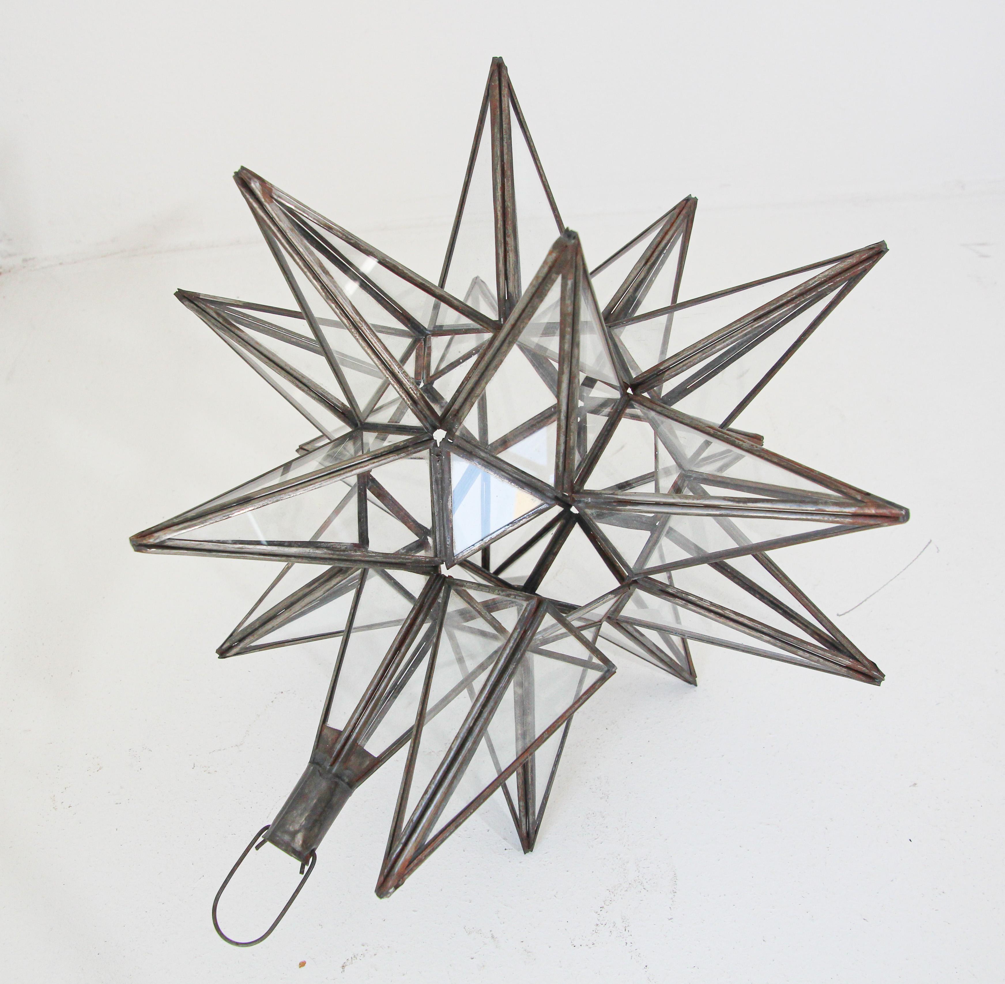 Moroccan Clear Glass and Metal Moravian Star Shape Lantern Pendant For Sale 1