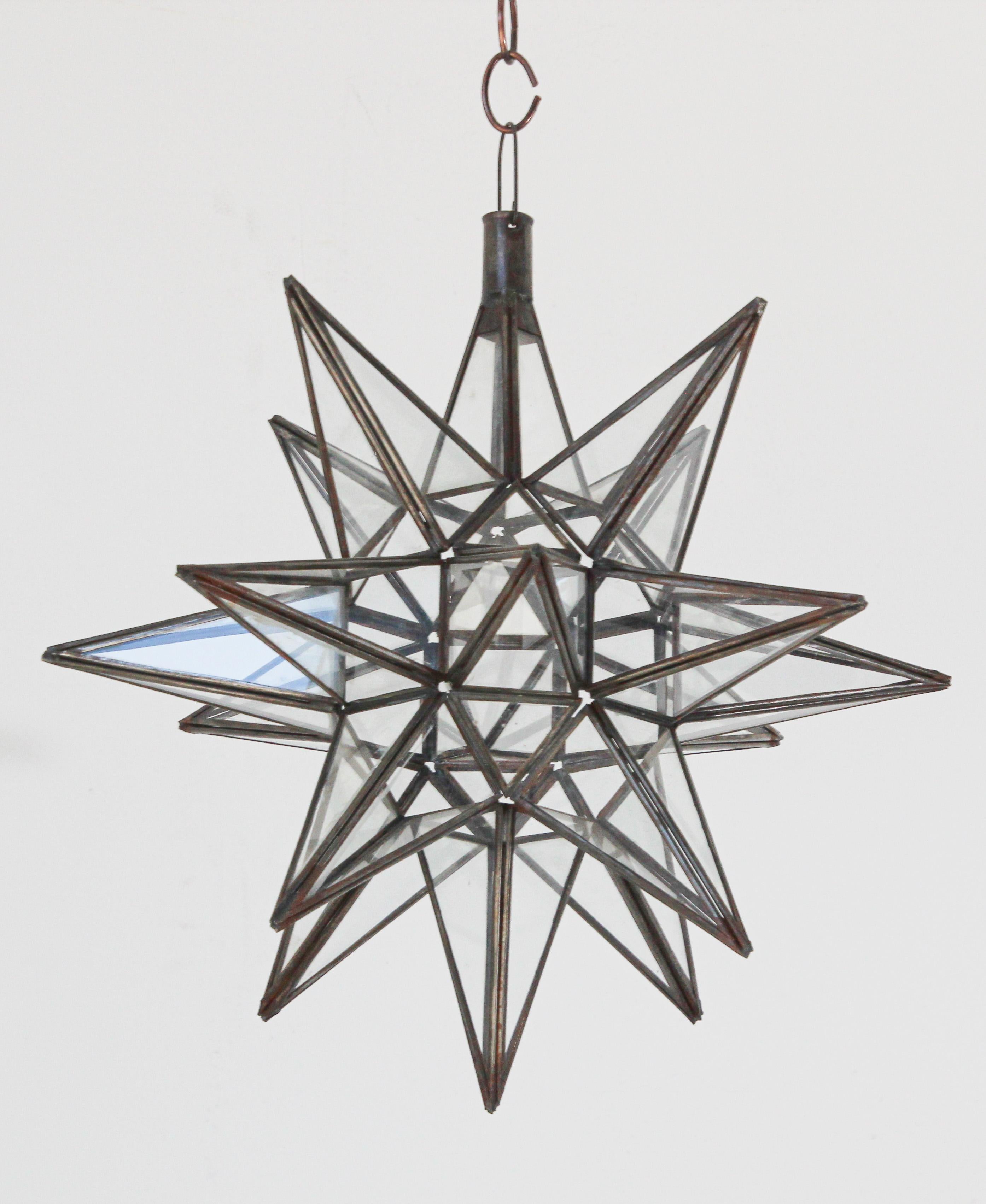 Moorish Moroccan Clear Glass and Metal Moravian Star Shape Lantern Pendant For Sale