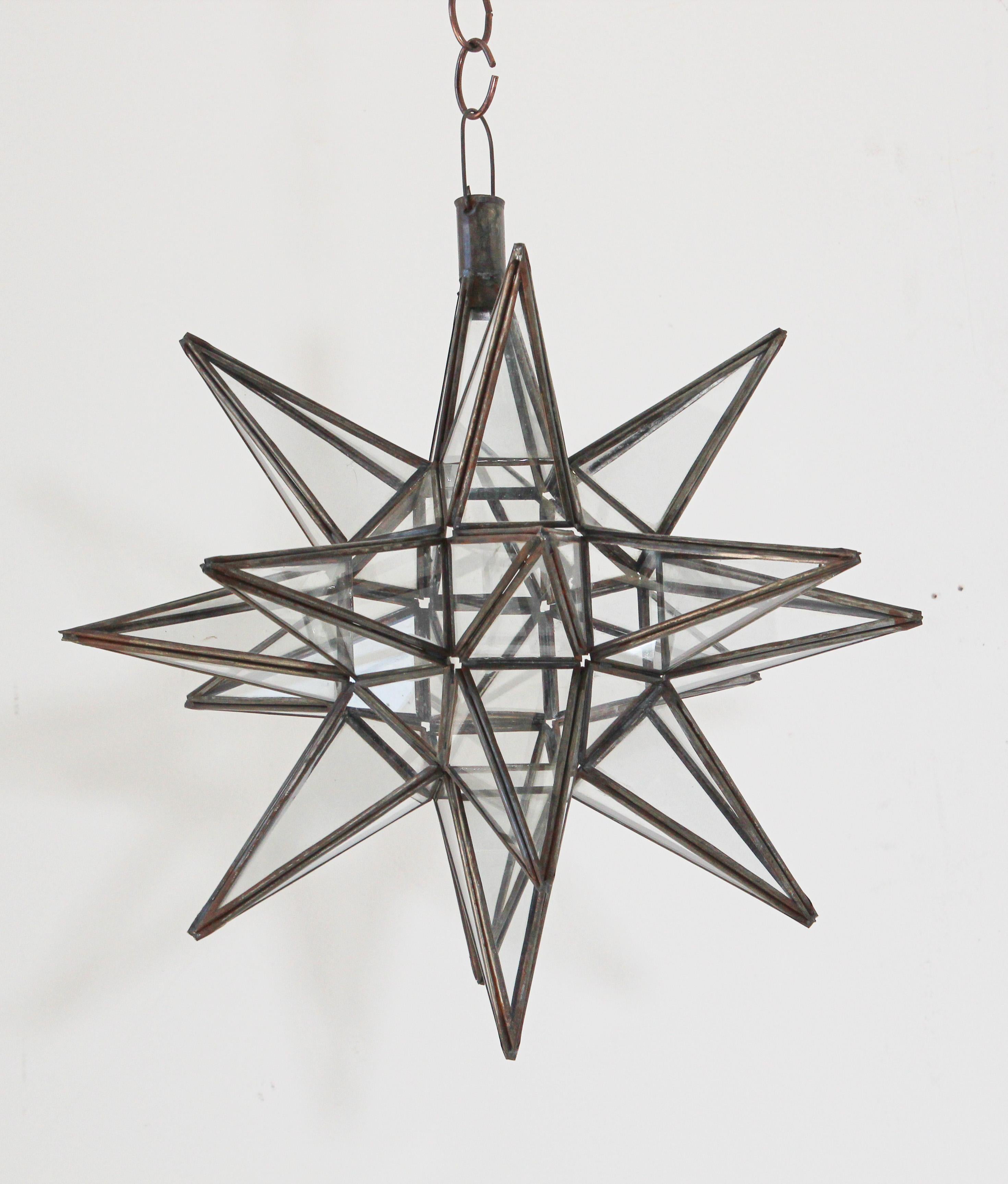Hand-Crafted Moroccan Clear Glass and Metal Moravian Star Shape Lantern Pendant For Sale
