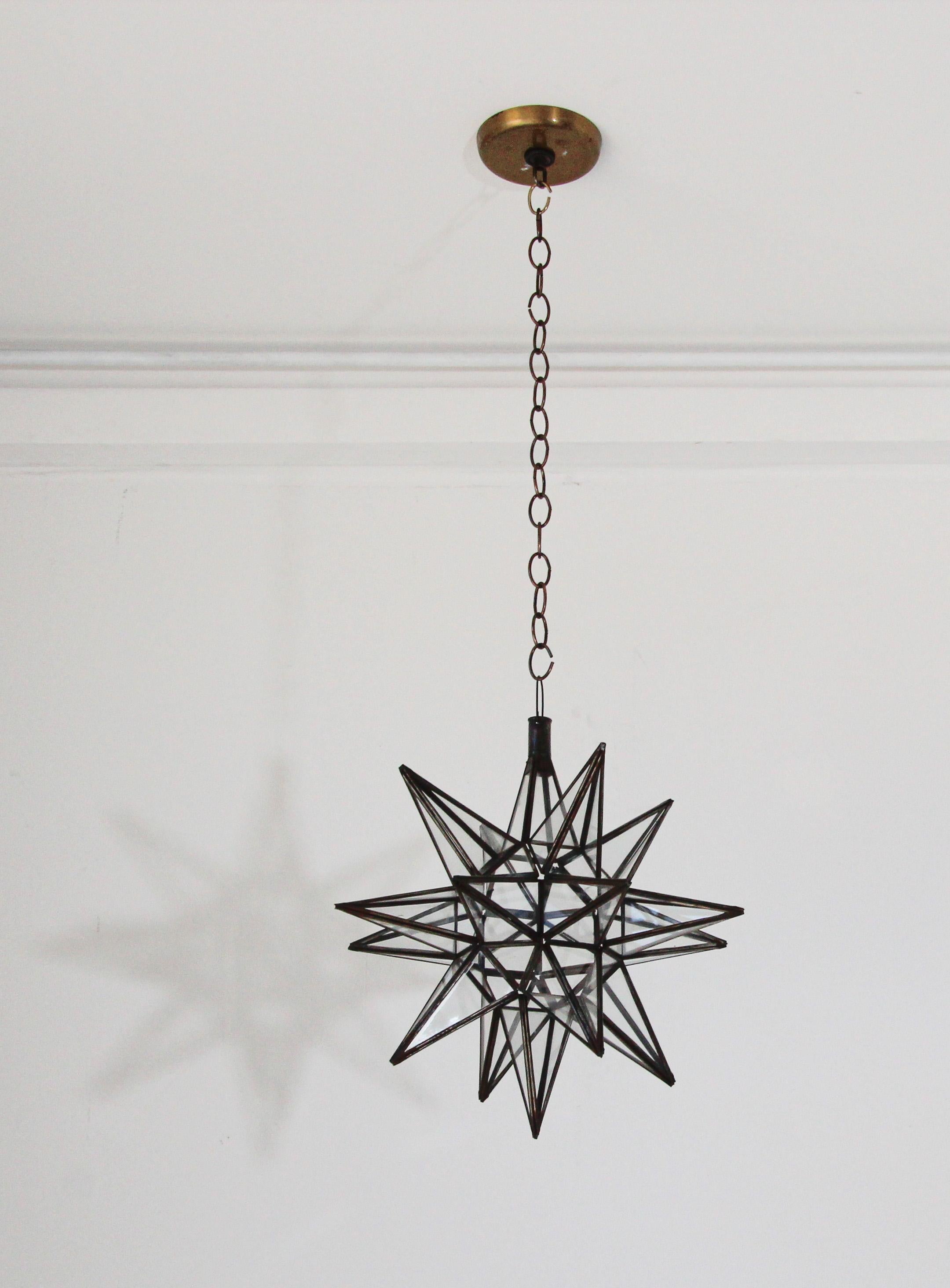 Moroccan Clear Glass and Metal Moravian Star Shape Lantern Pendant In Good Condition For Sale In North Hollywood, CA