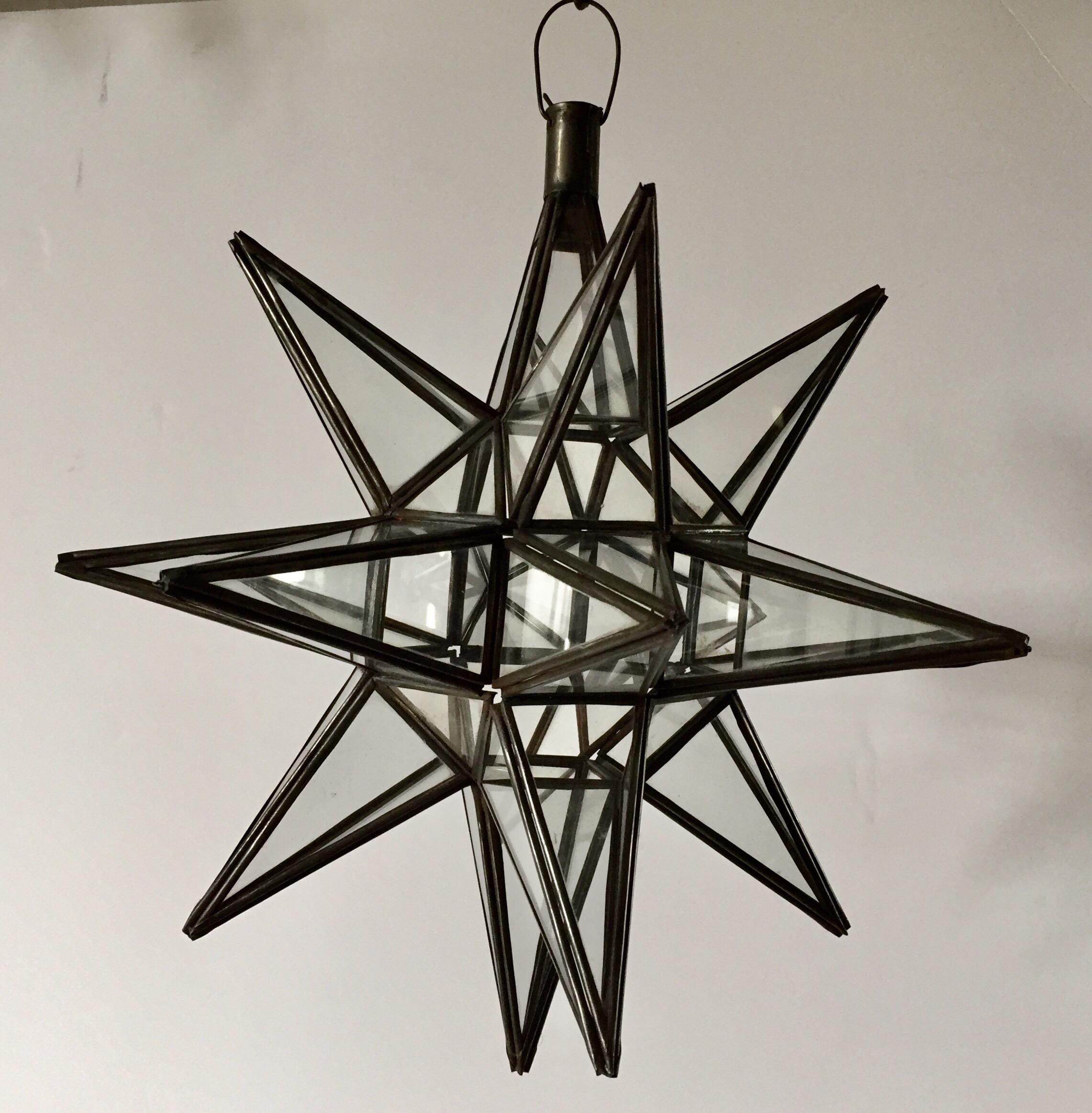 20th Century Moroccan Clear Glass and Metal Moravian Star Shape Lantern Pendant