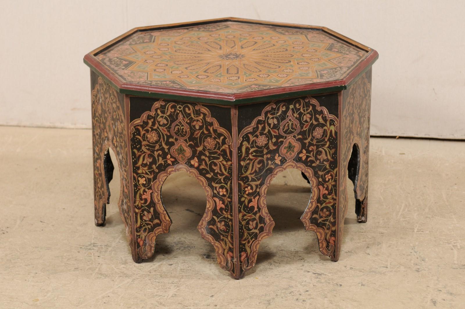 Moroccan Coffee or Tea Table Adorn with Intricate Floral and Geometric Paintings In Good Condition In Atlanta, GA