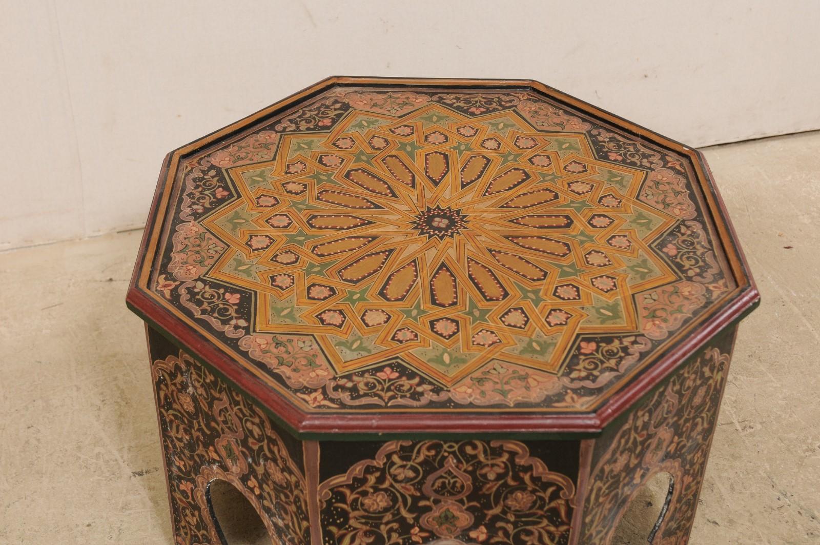 20th Century Moroccan Coffee or Tea Table Adorn with Intricate Floral and Geometric Paintings