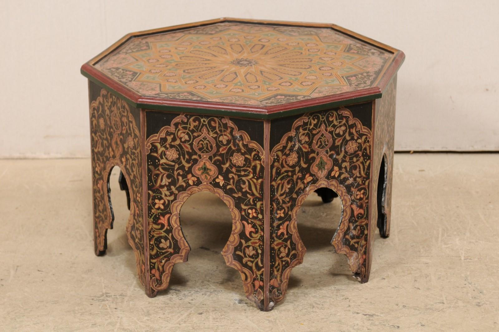 Wood Moroccan Coffee or Tea Table Adorn with Intricate Floral and Geometric Paintings