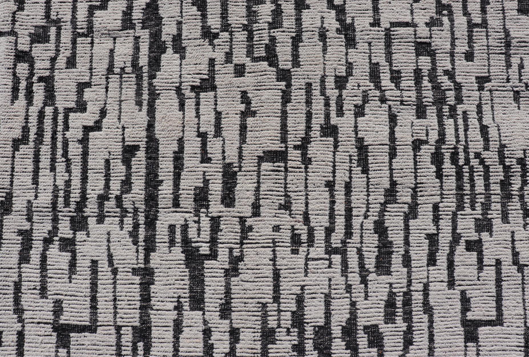  Moroccan Contemporary Abstract Rug in White and Black in Hi-Low Design  For Sale 5
