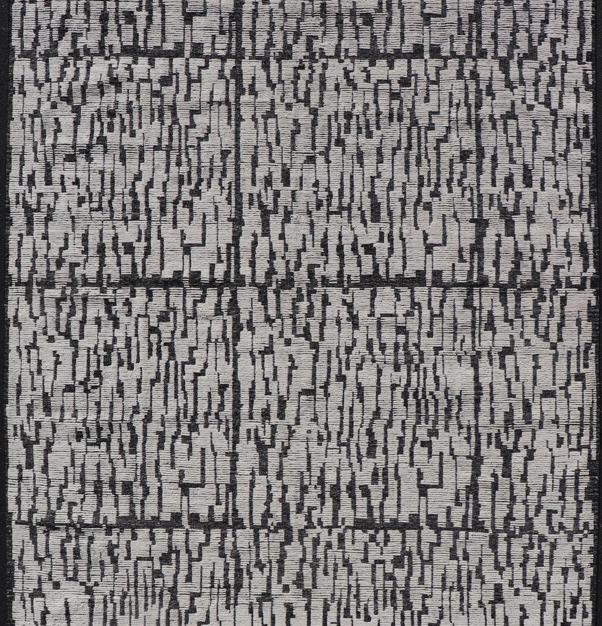 Afghan  Moroccan Contemporary Abstract Rug in White and Black in Hi-Low Design  For Sale