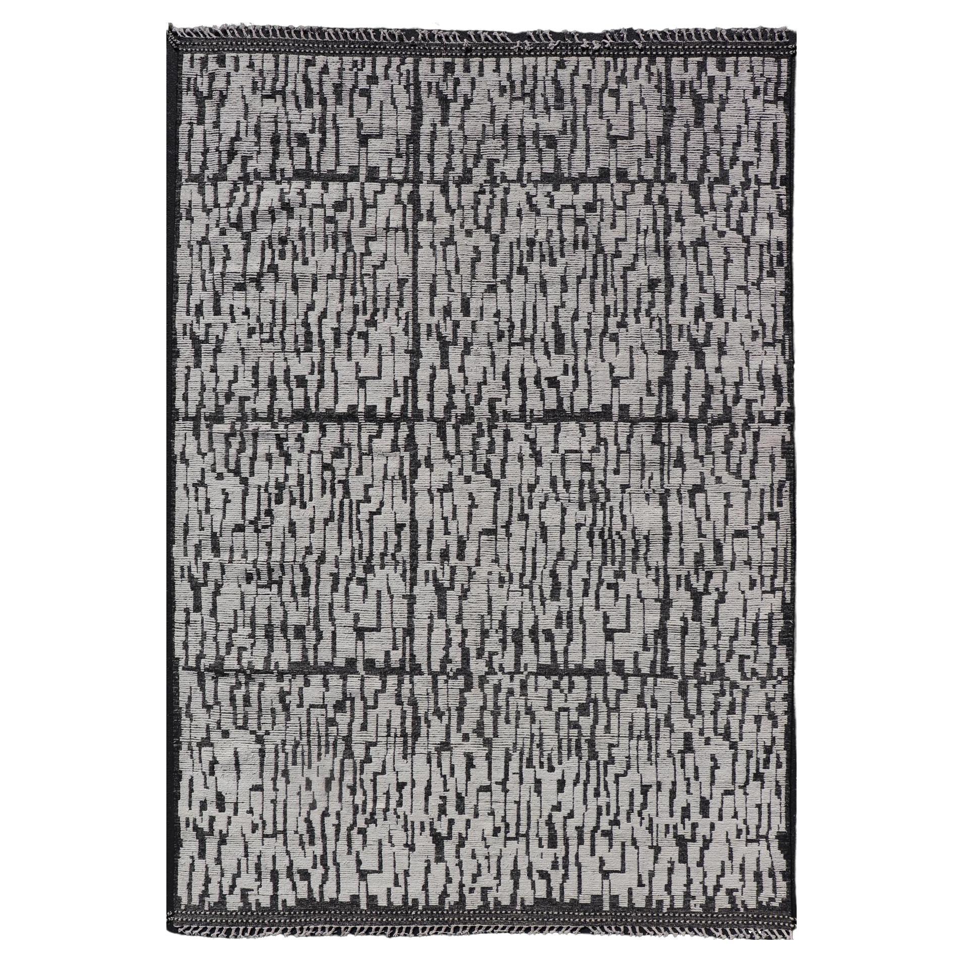  Moroccan Contemporary Abstract Rug in White and Black in Hi-Low Design  For Sale