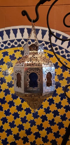 Moroccan Copper Ceiling Lamp or Lantern, Blue / Yellow Glass