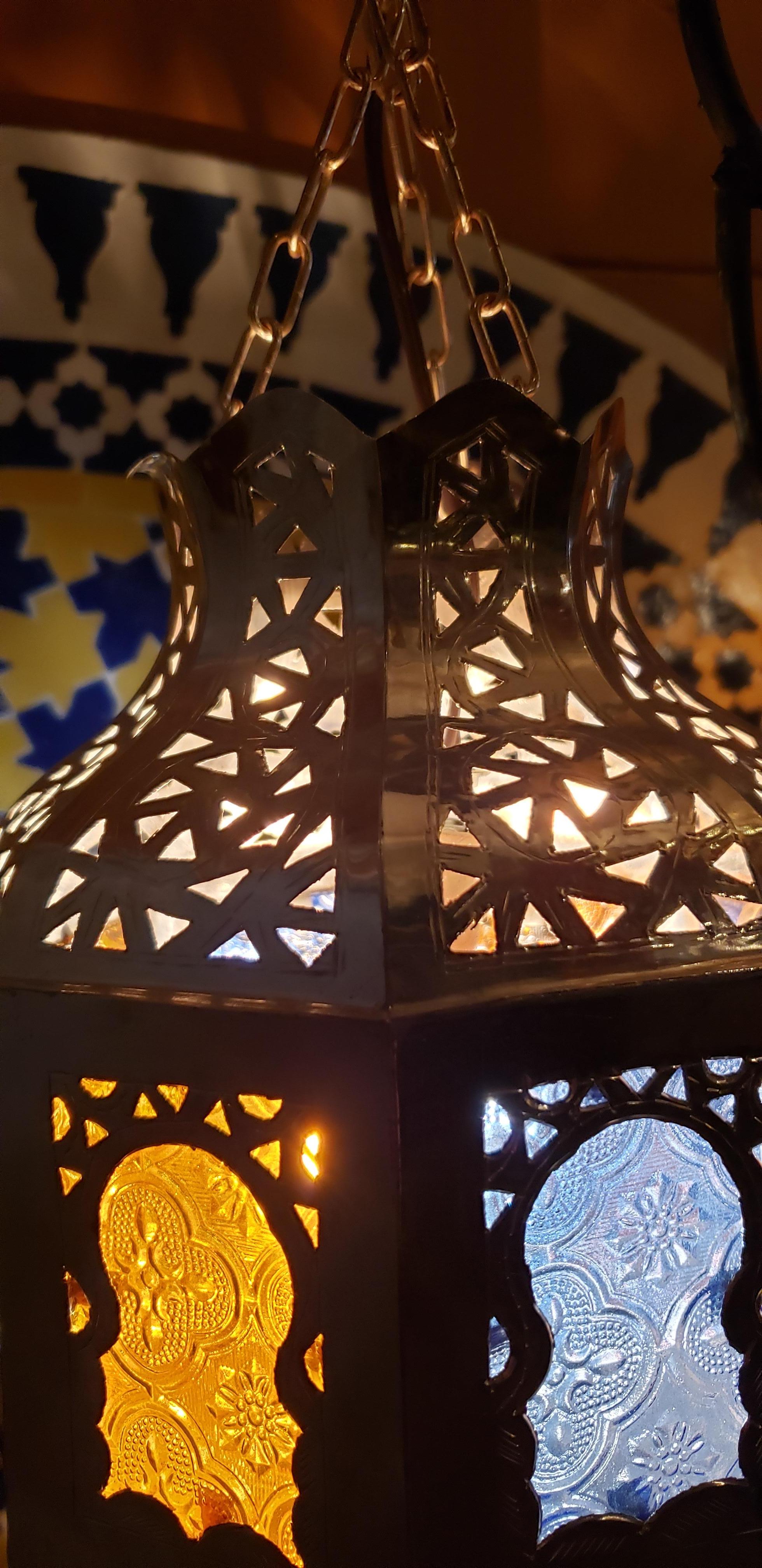 Moroccan Copper Ceiling Lamp or Lantern, Blue / Yellow Glass In New Condition For Sale In Orlando, FL