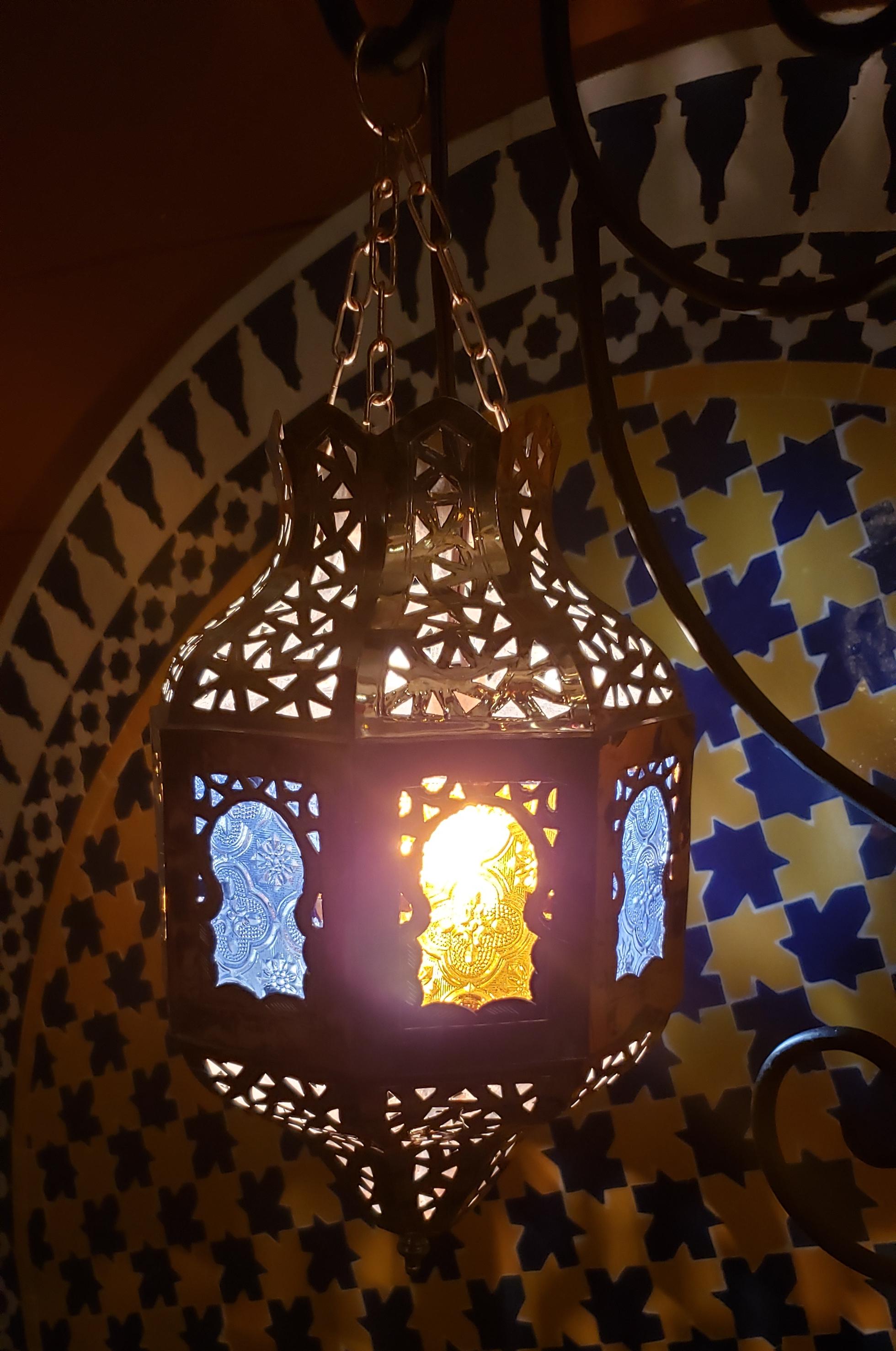 Contemporary Moroccan Copper Ceiling Lamp or Lantern, Blue / Yellow Glass For Sale