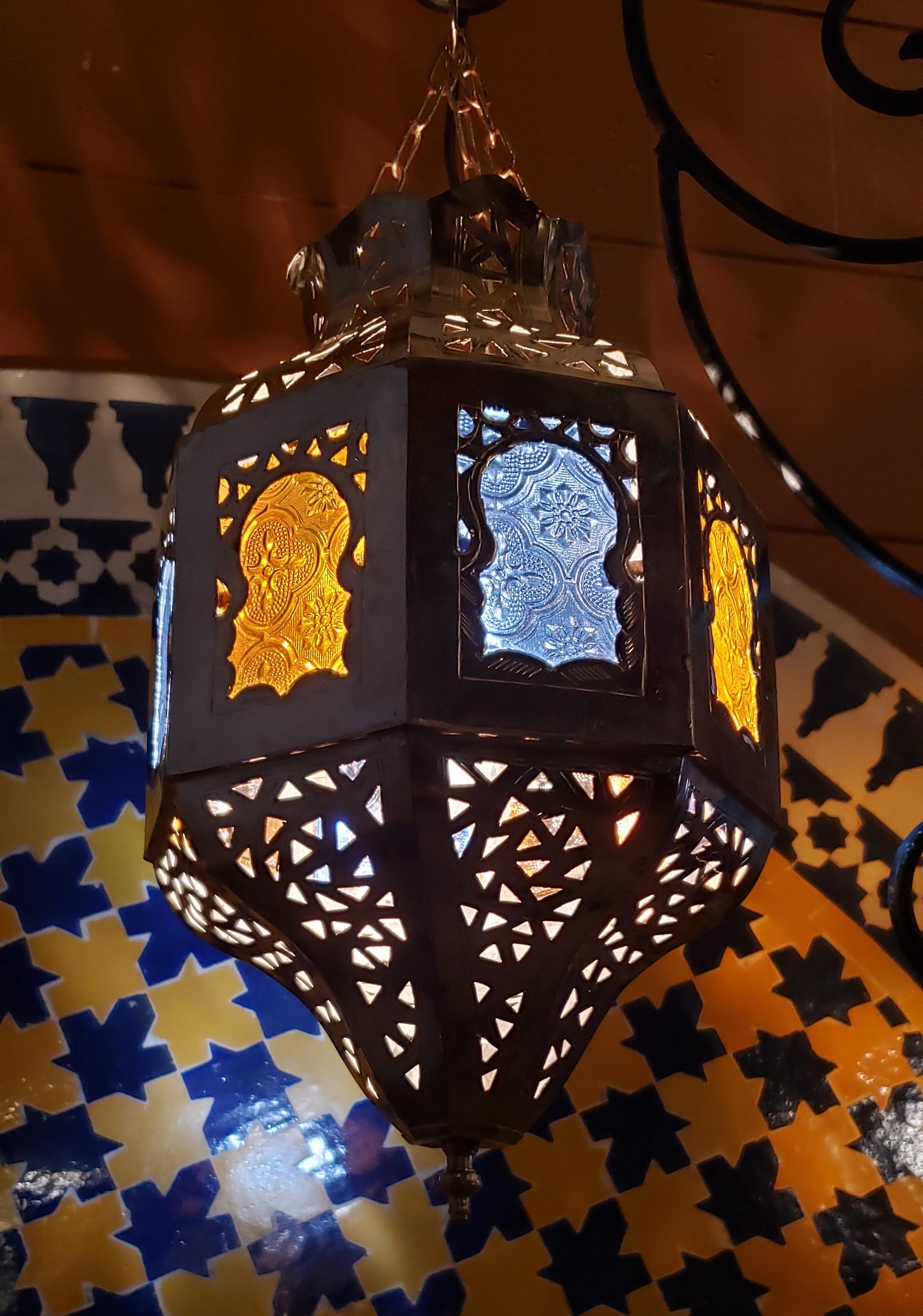 Moroccan Copper Ceiling Lamp or Lantern, Blue / Yellow Glass For Sale 2