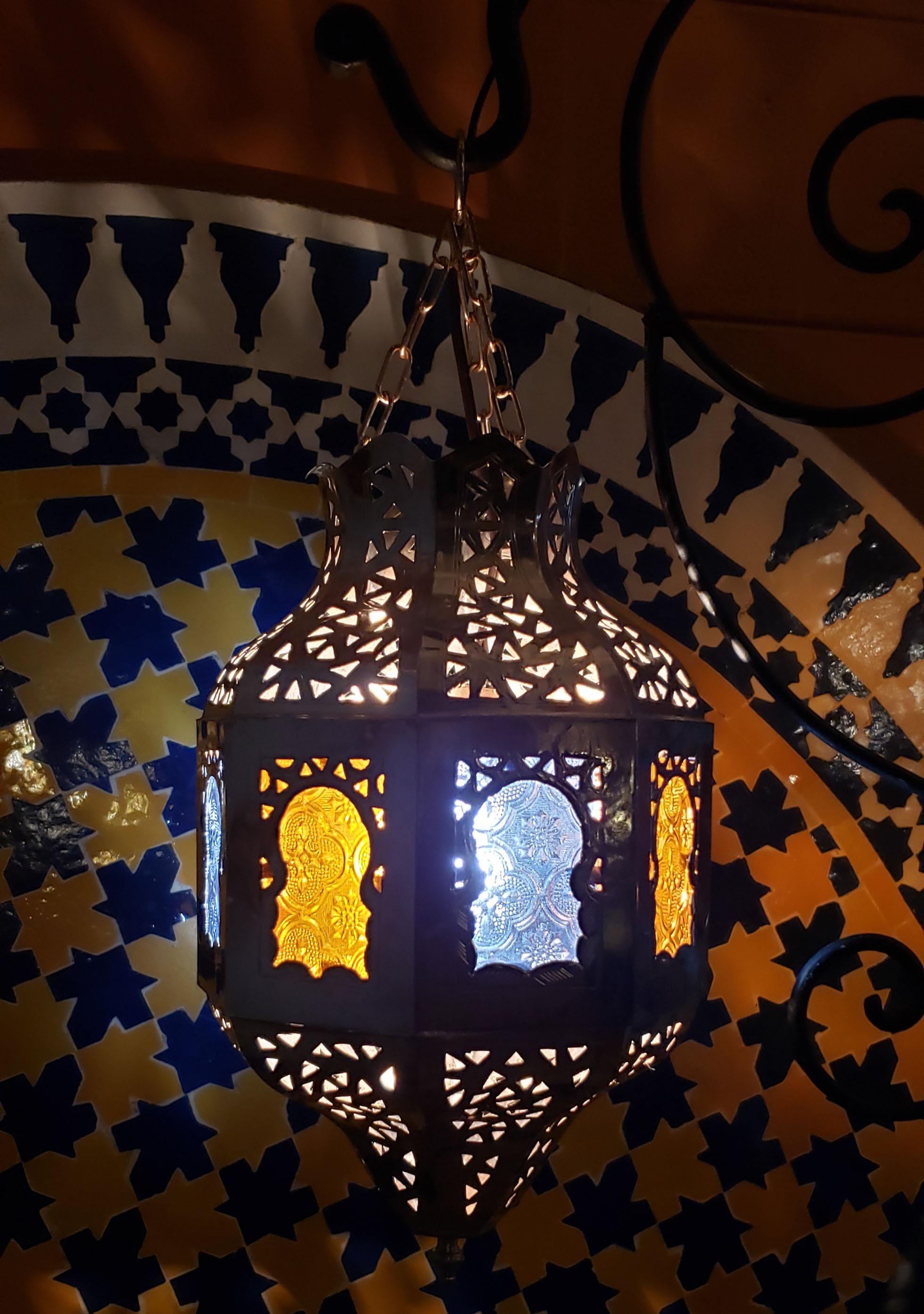 Moroccan Copper Ceiling Lamp or Lantern, Blue / Yellow Glass For Sale 3