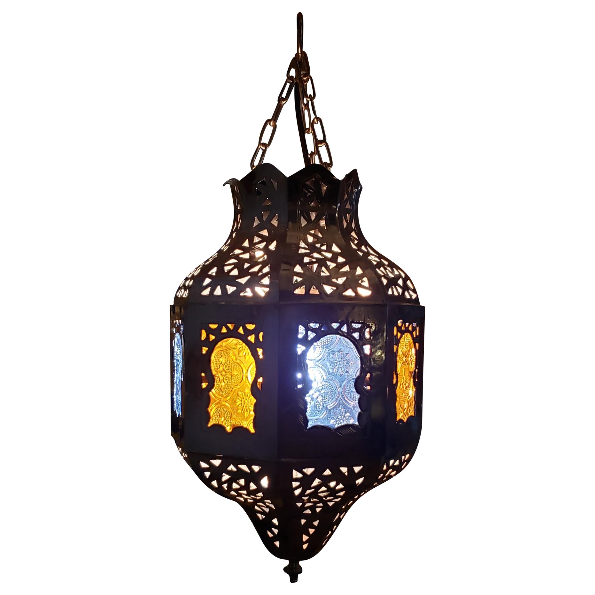 Moroccan Copper Ceiling Lamp or Lantern, Blue / Yellow Glass For Sale