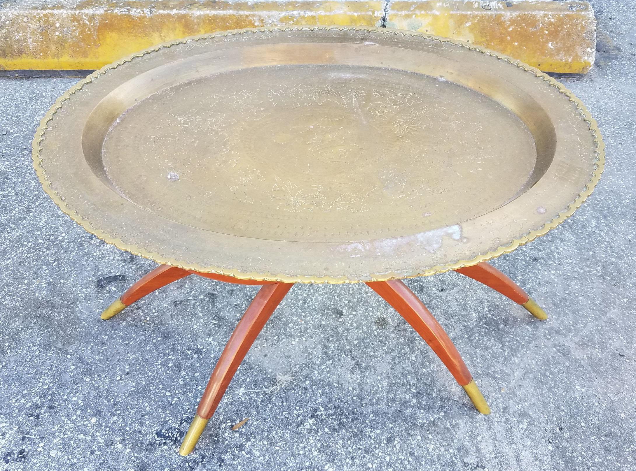 Moroccan Copper Coffee Table, Oval with Wooden Folding Base In Good Condition In Orlando, FL