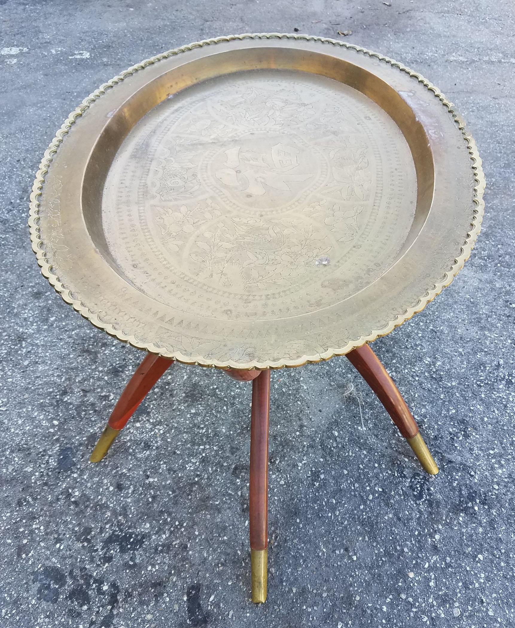 Moroccan Copper Coffee Table, Oval with Wooden Folding Base 1