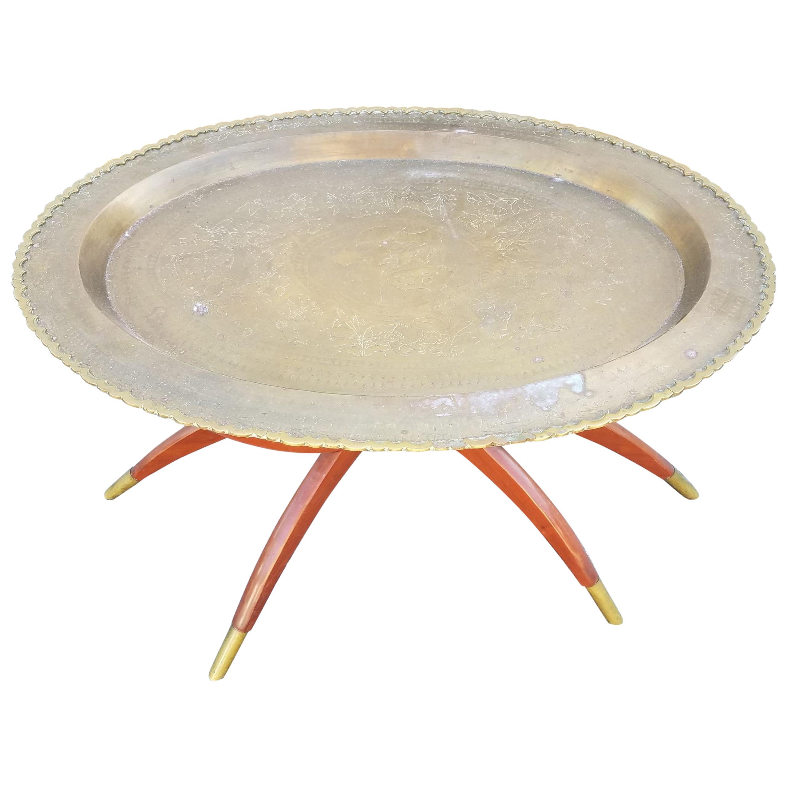 Moroccan Copper Coffee Table, Oval with Wooden Folding Base