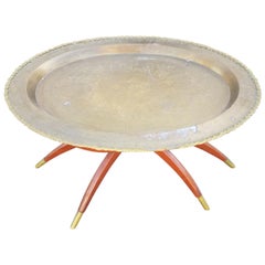 Retro Moroccan Copper Coffee Table, Oval with Wooden Folding Base