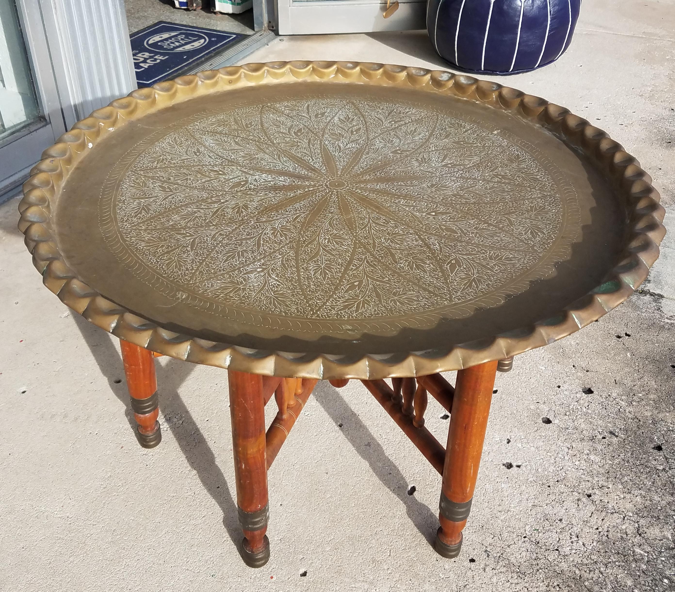 Mid-20th Century Moroccan Copper Coffee Table, Round with Wooden Folding Base