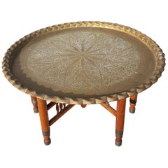 Retro Moroccan Copper Coffee Table, Round with Wooden Folding Base