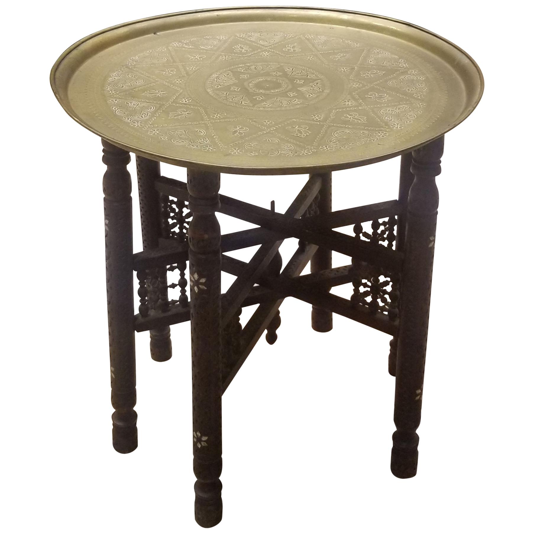 Moroccan Copper Coffee Table, Round with Wooden Folding Base