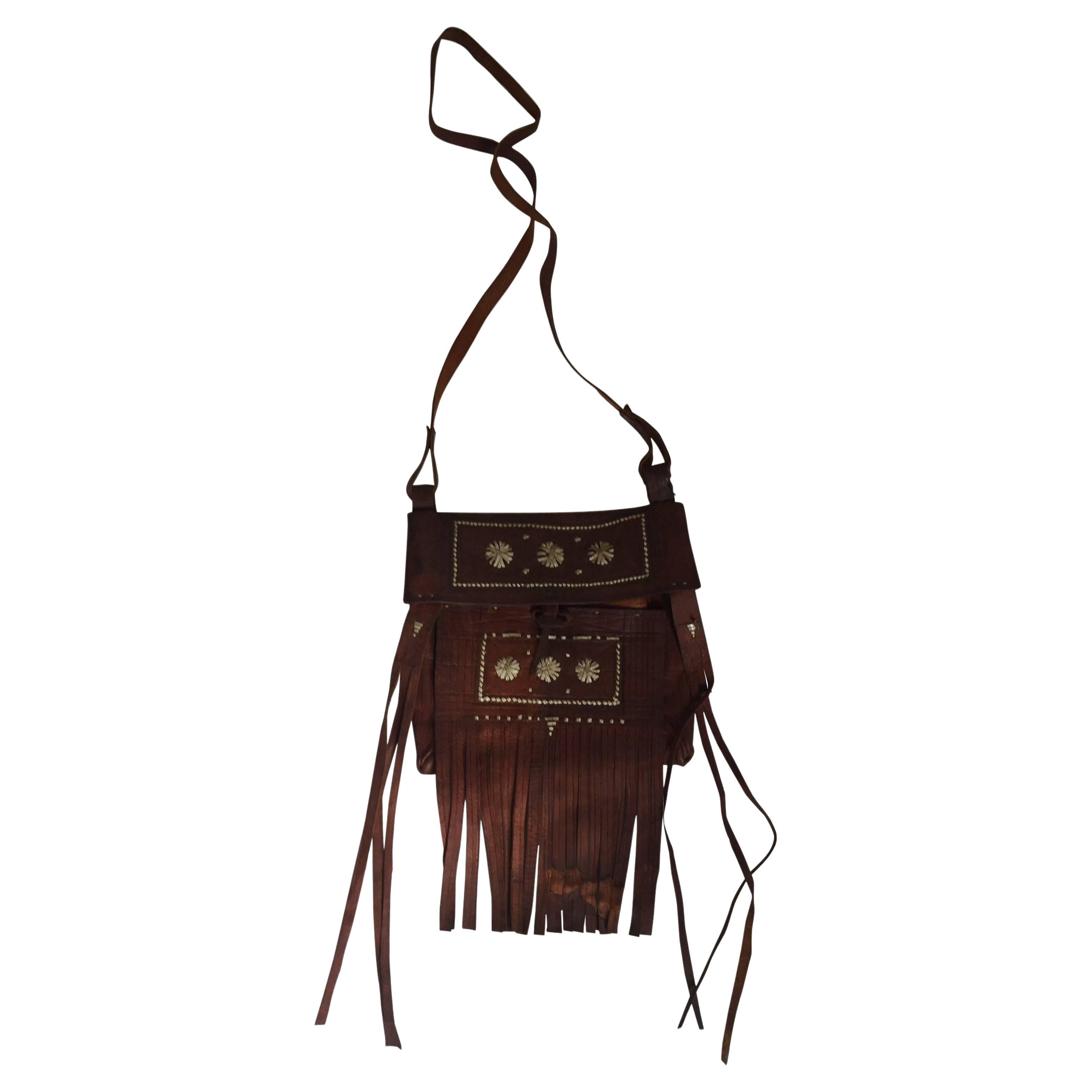 1970s Moroccan Crossbody Leather African Tuareg Bag with Fringes