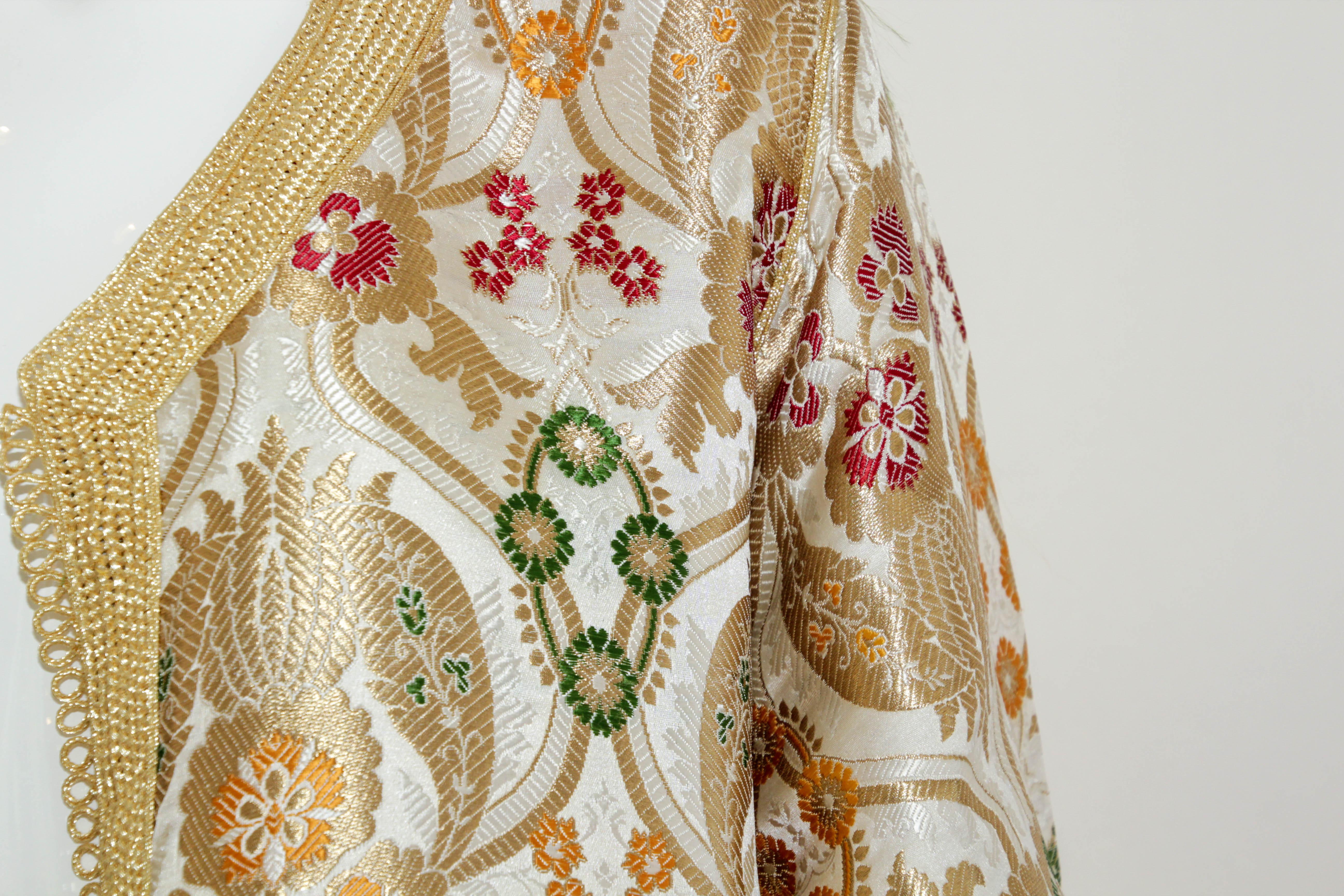 Beige Moroccan Damask Metallic Floral Kaftan Fortuny Style Coat For Sale