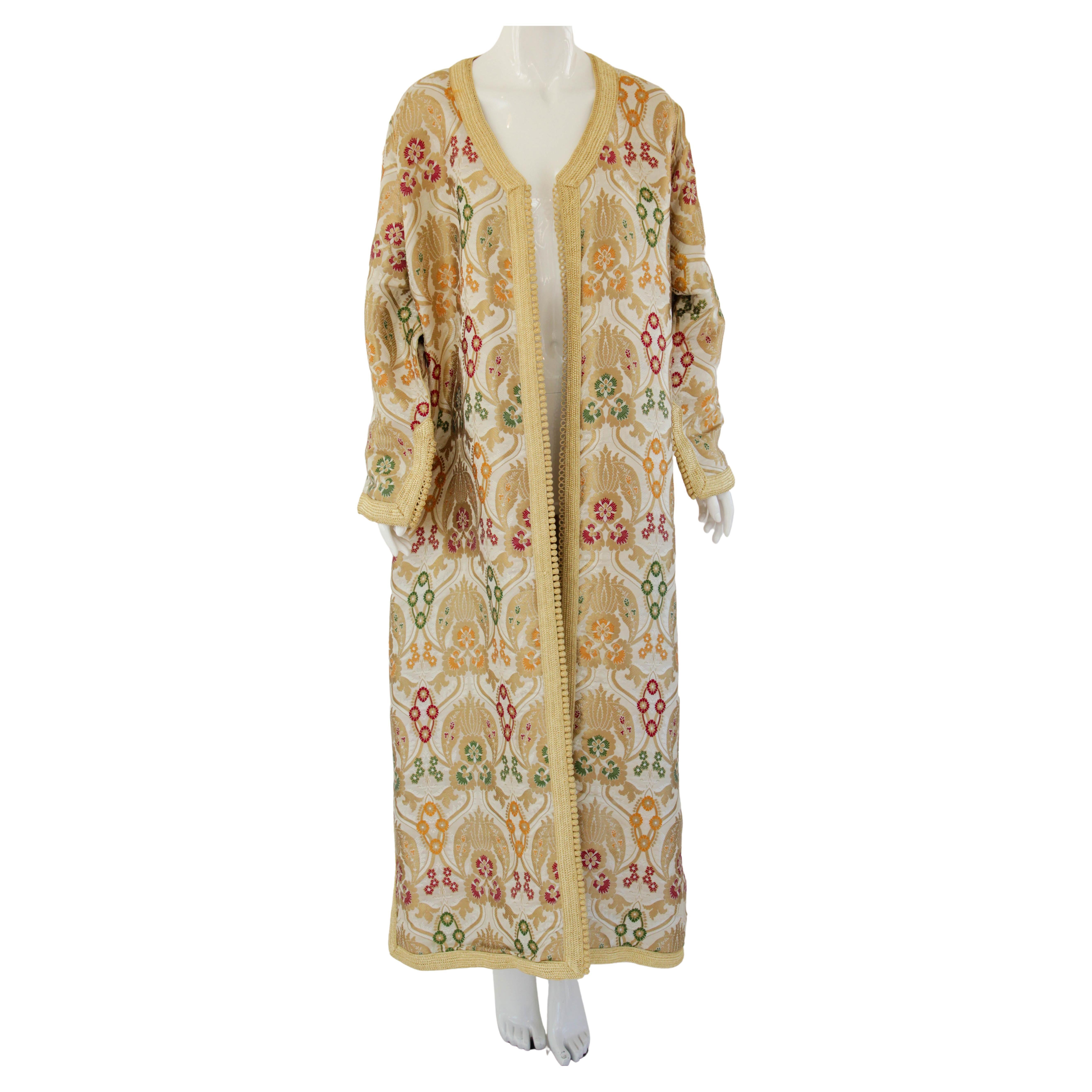 Moroccan Damask Metallic Floral Kaftan Fortuny Style Coat For Sale