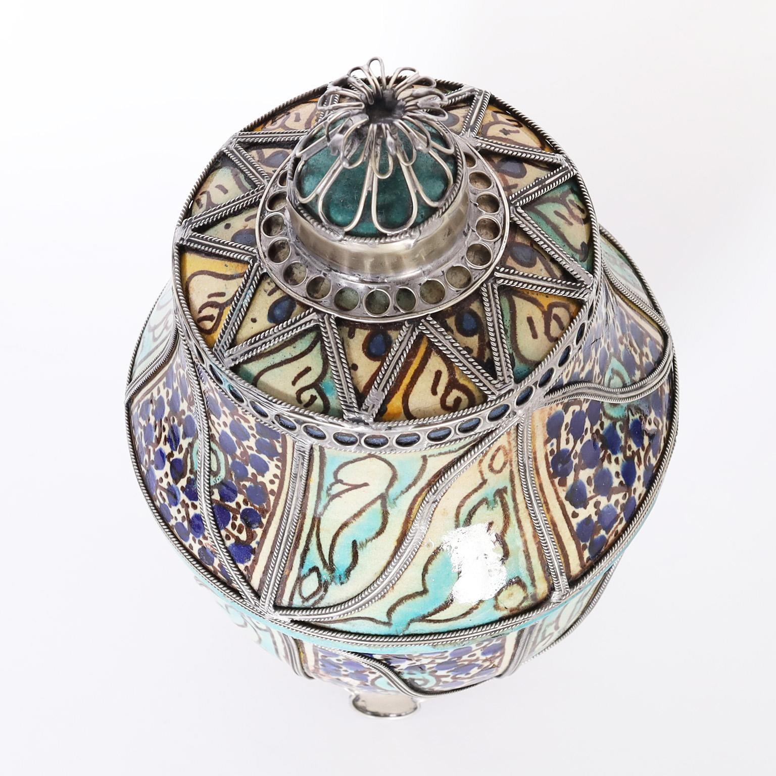 Moorish Moroccan Decorated Earthenware Lidded Urn