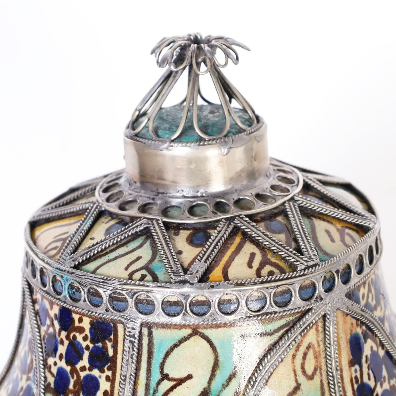 Glazed Moroccan Decorated Earthenware Lidded Urn