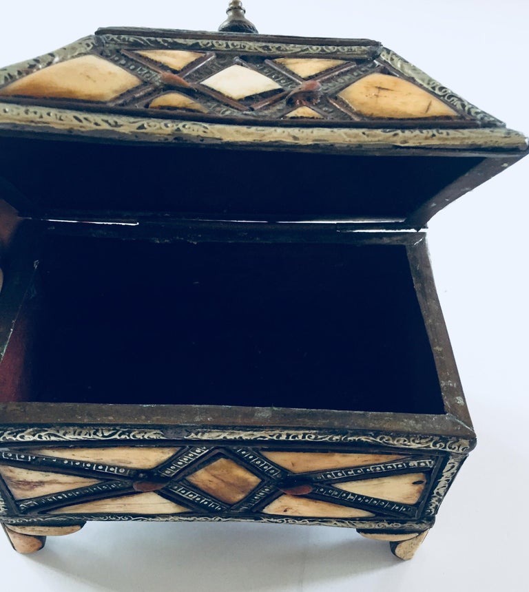 Moroccan Decorative Jewelry Box Inlaid with Bone and Silvered Brass at