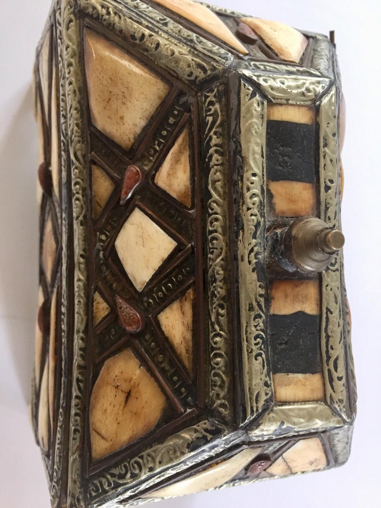 Moroccan Decorative Jewelry Box Inlaid with Bone and Silvered Brass at