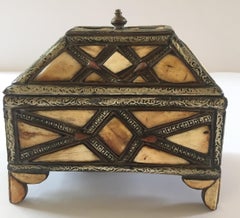 Moroccan Decorative Jewelry Box Inlaid with Bone and Silvered Brass
