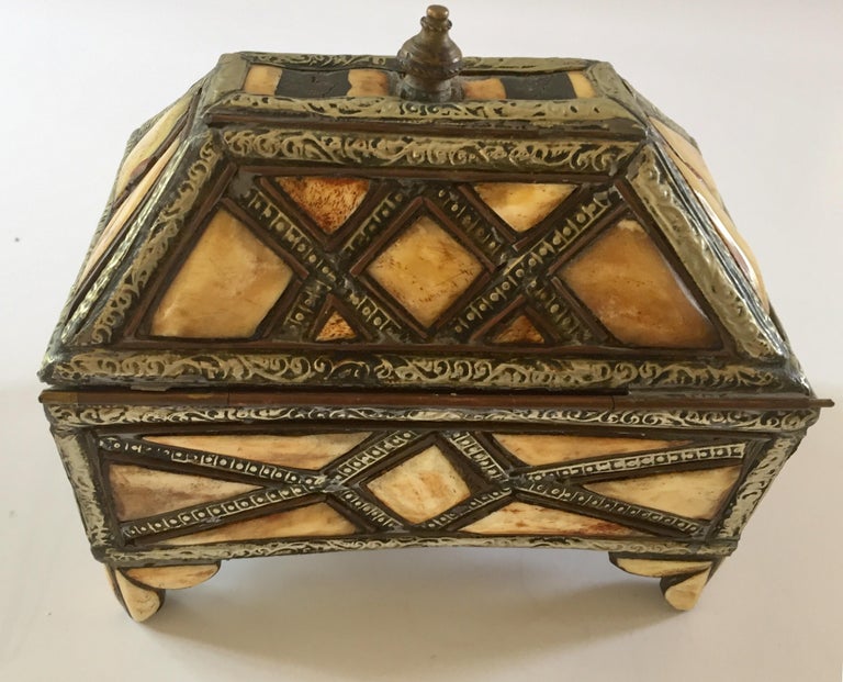 Moroccan Decorative Jewelry Box Inlaid with Bone and Silvered Brass at