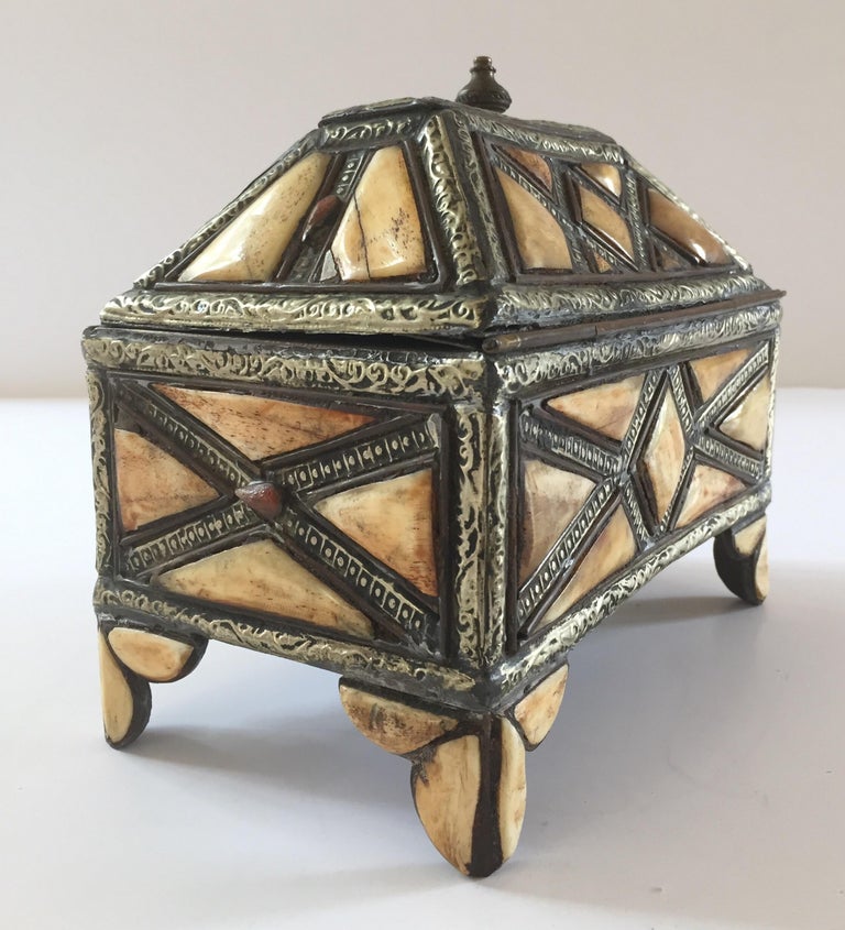 Moroccan Decorative Jewelry Box Inlaid with Bone and Silvered Brass at