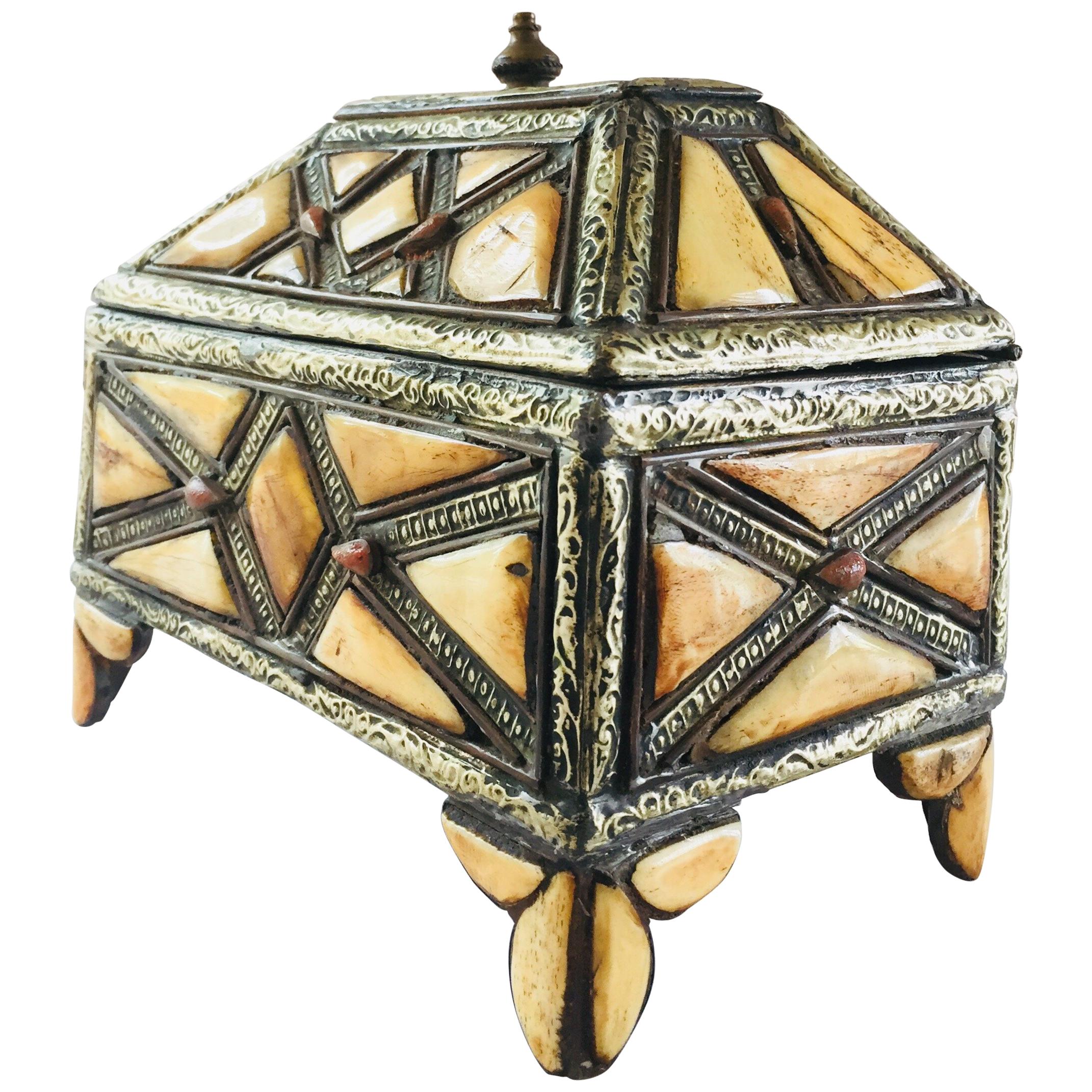 Moroccan Decorative Jewelry Box Inlaid with Bone and Silvered Brass