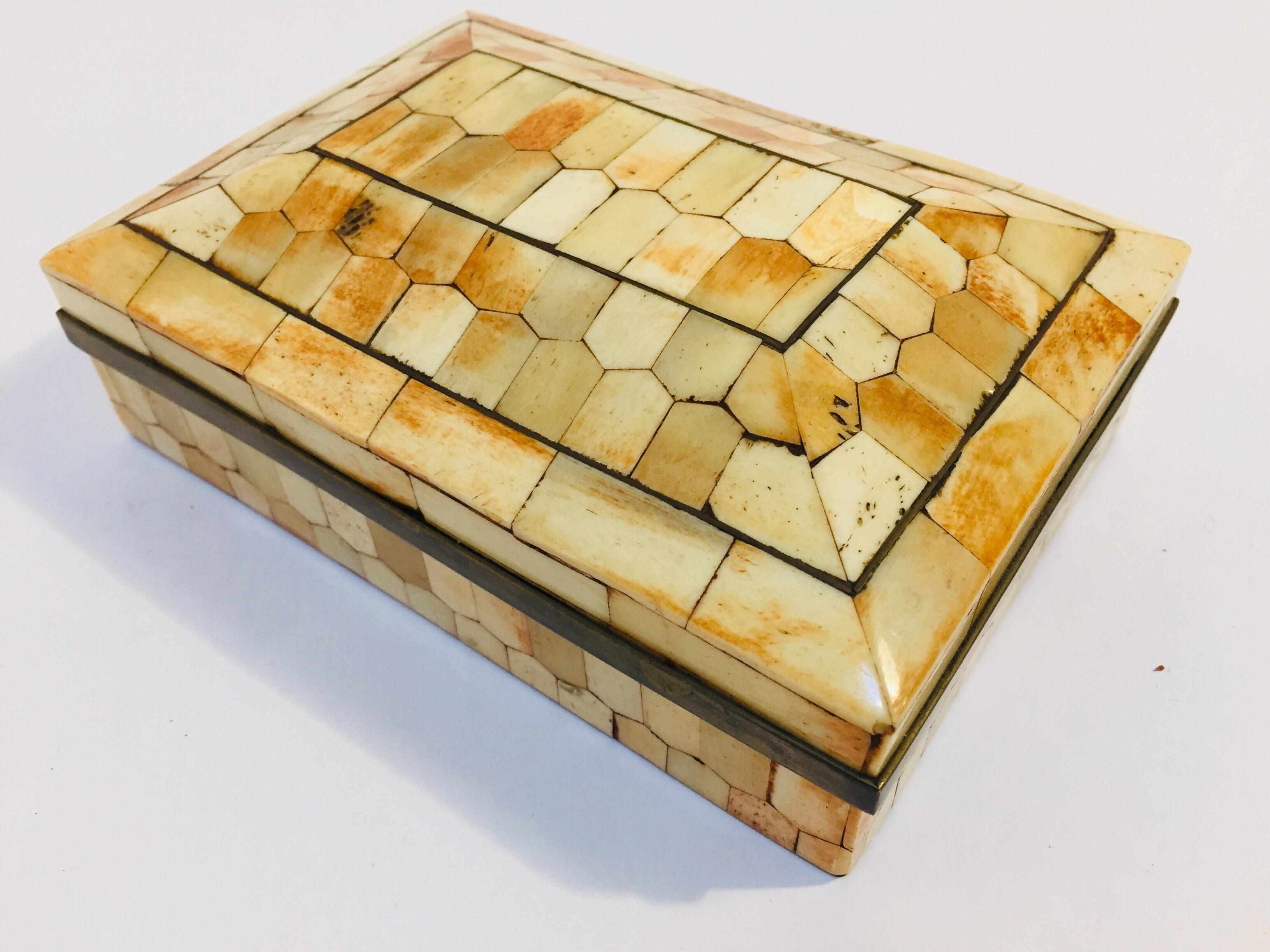 20th Century Moroccan Decorative Trinket Box Inlaid with Bone and Brass