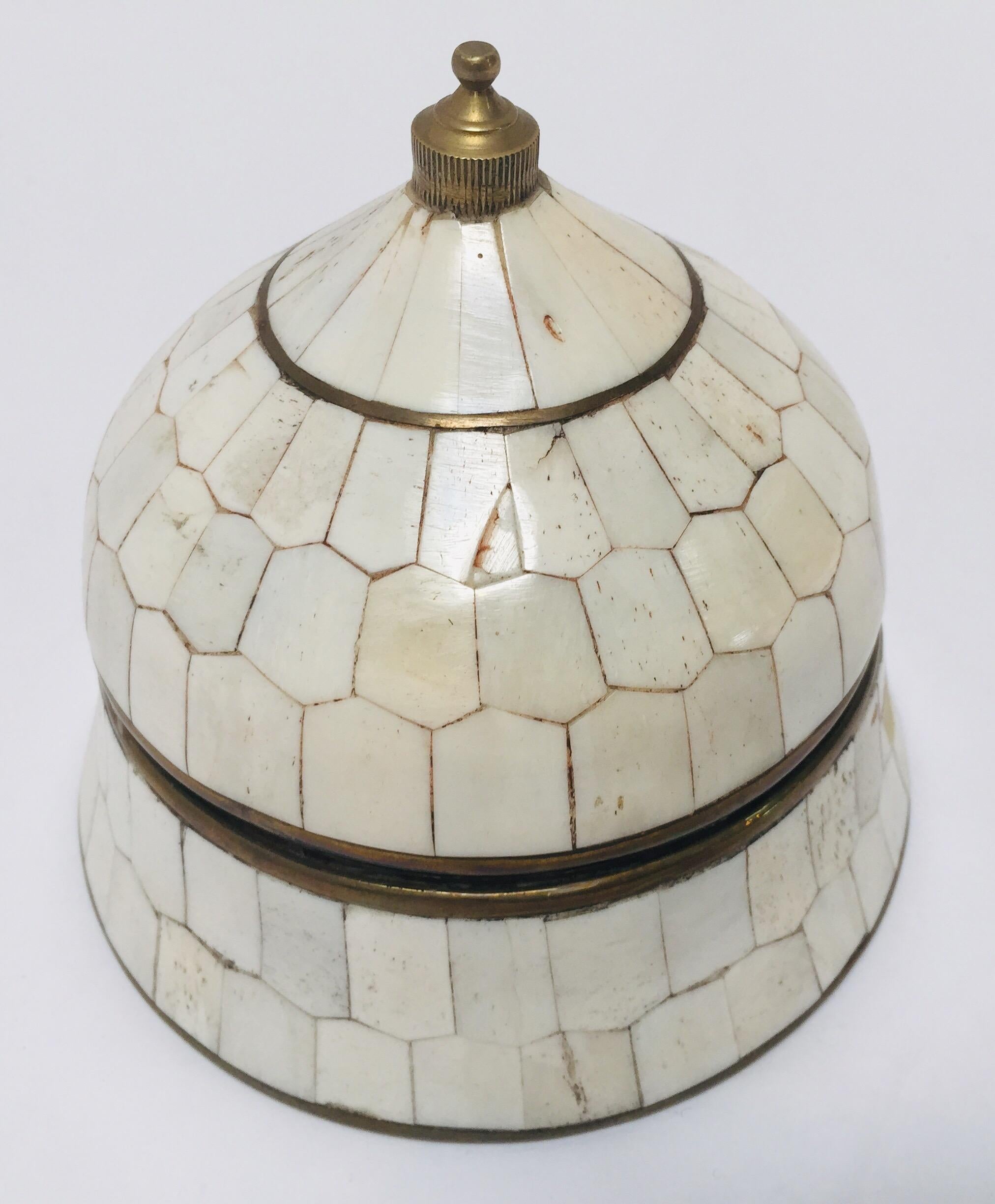 Moorish Moroccan Decorative Trinket Box Inlaid with White Bone and Brass