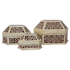 Vintage Moroccan Decorative Trinkets Boxes Inlaid with White Bone