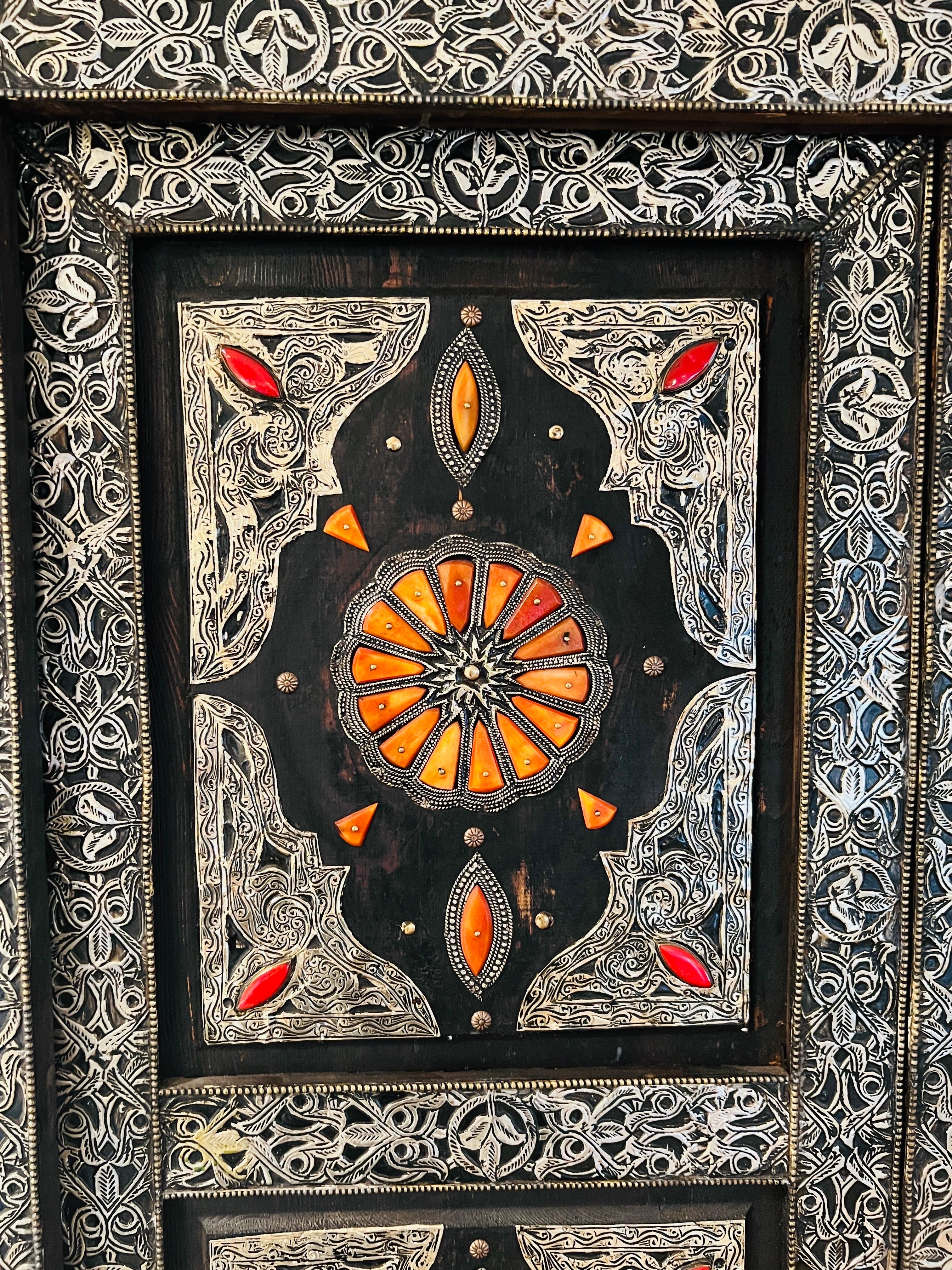 Metal Moroccan Double Doors with Silver Overlay, Bone Inlays, & Stained Glass, c. 1960 For Sale