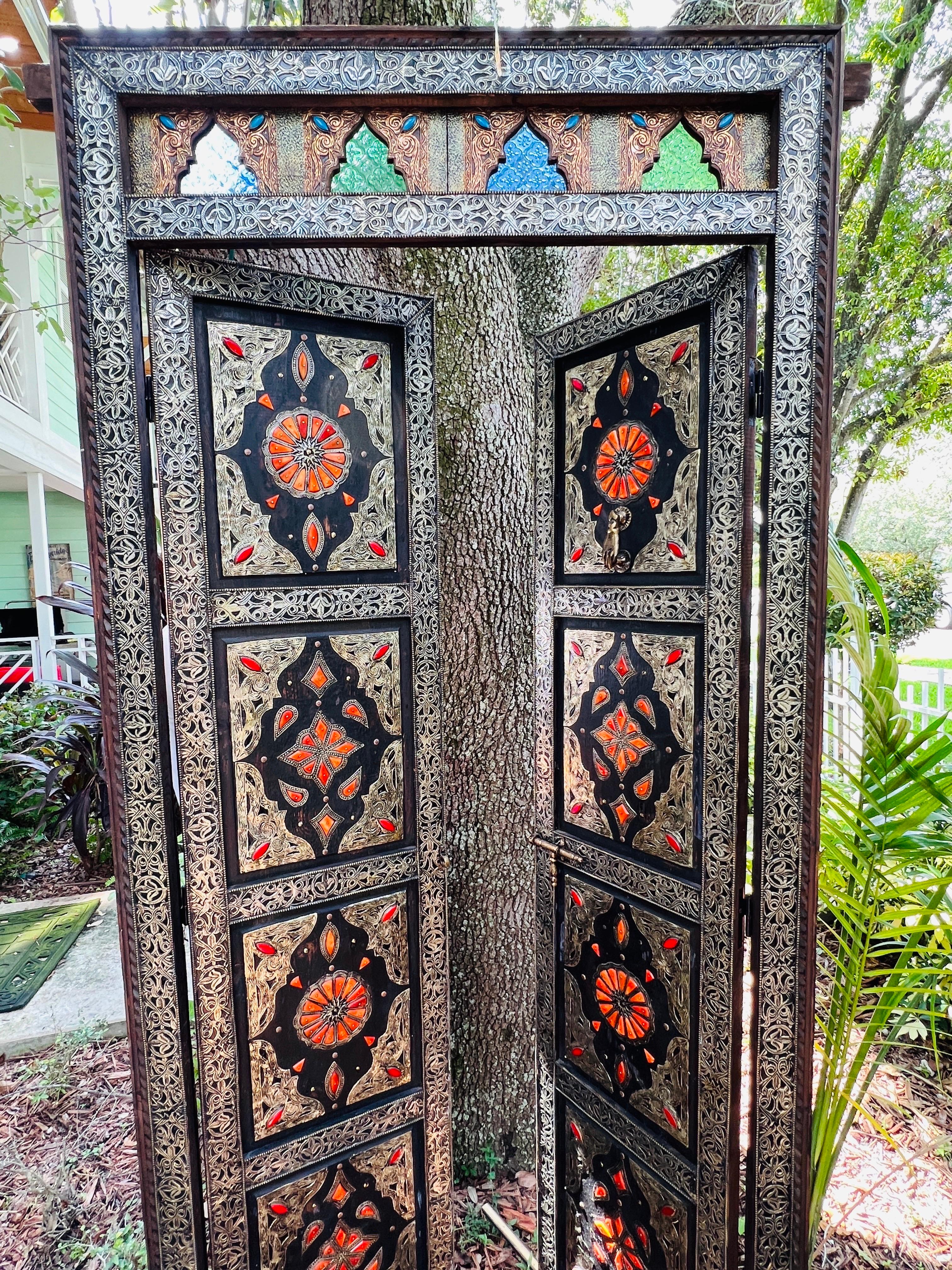 Moroccan Double Doors with Silver Overlay, Bone Inlays, & Stained Glass, c. 1960 For Sale 4