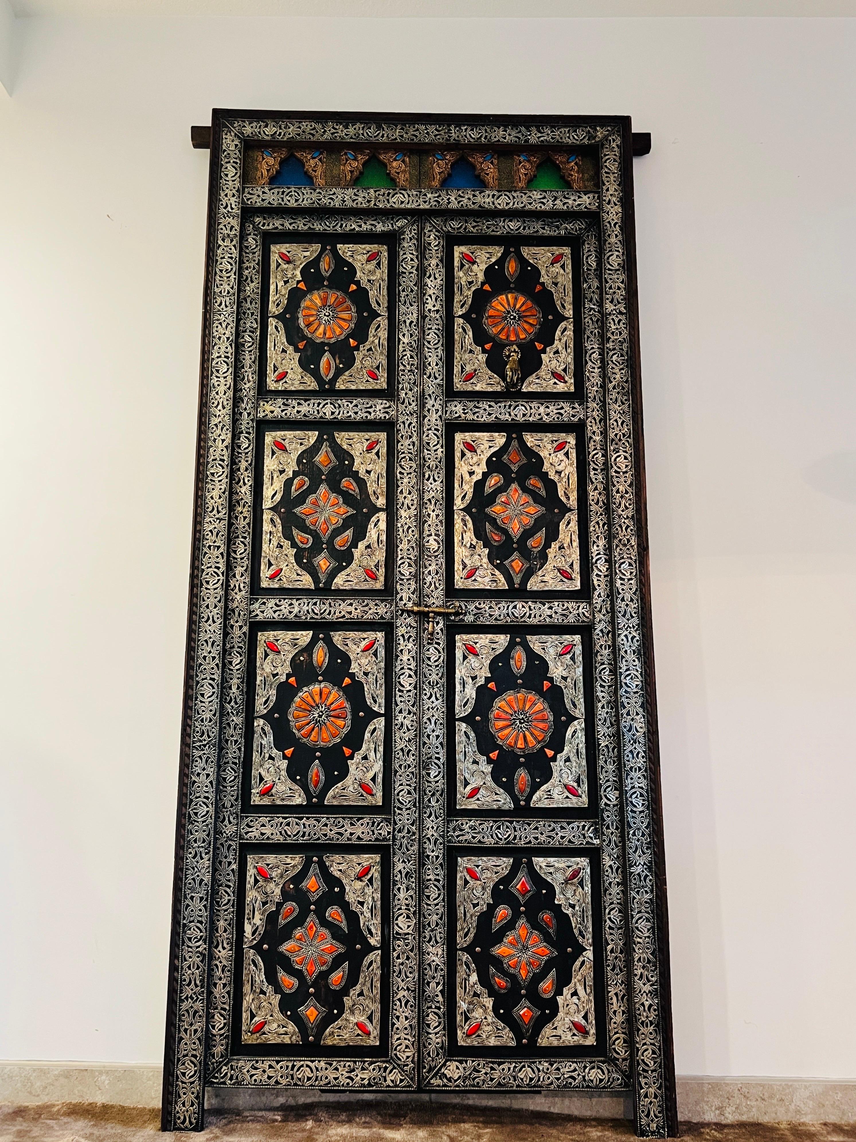 Moroccan Double Doors with Silver Overlay, Bone Inlays, & Stained Glass, c. 1960 For Sale 6
