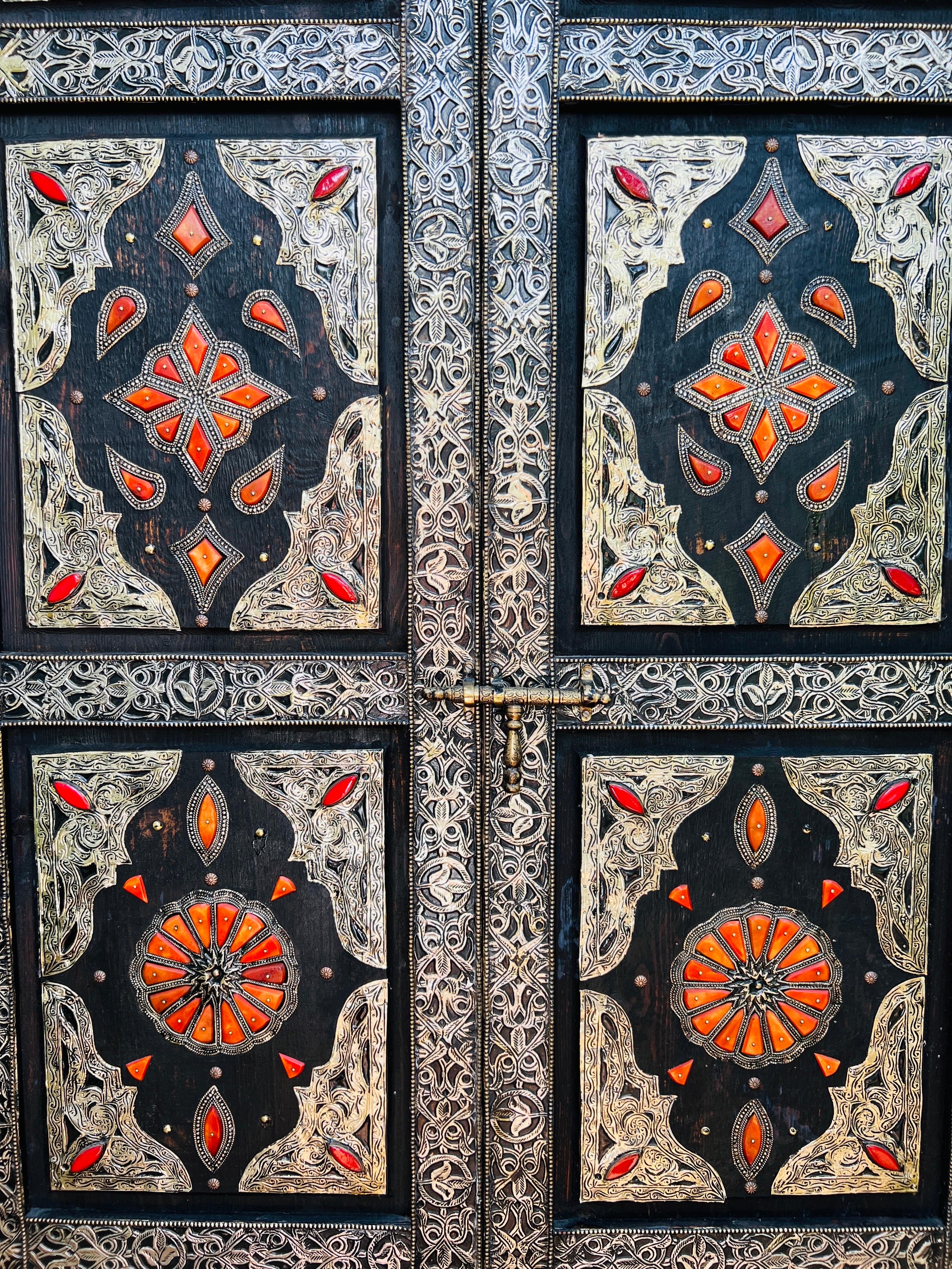 Hand-Painted Moroccan Double Doors with Silver Overlay, Bone Inlays, & Stained Glass, c. 1960 For Sale