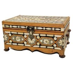 Retro Moroccan Dowry Box Inlaid with White Camel Bone Rectangular Carved Wood Trunk