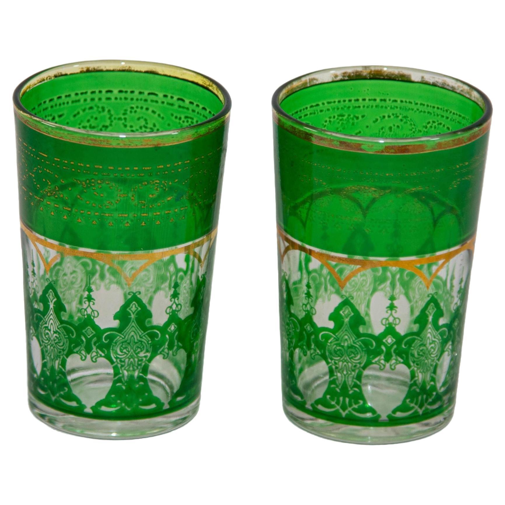Moroccan Drinking Glasses Set of 2 with Moorish Design Vintage Barware For Sale