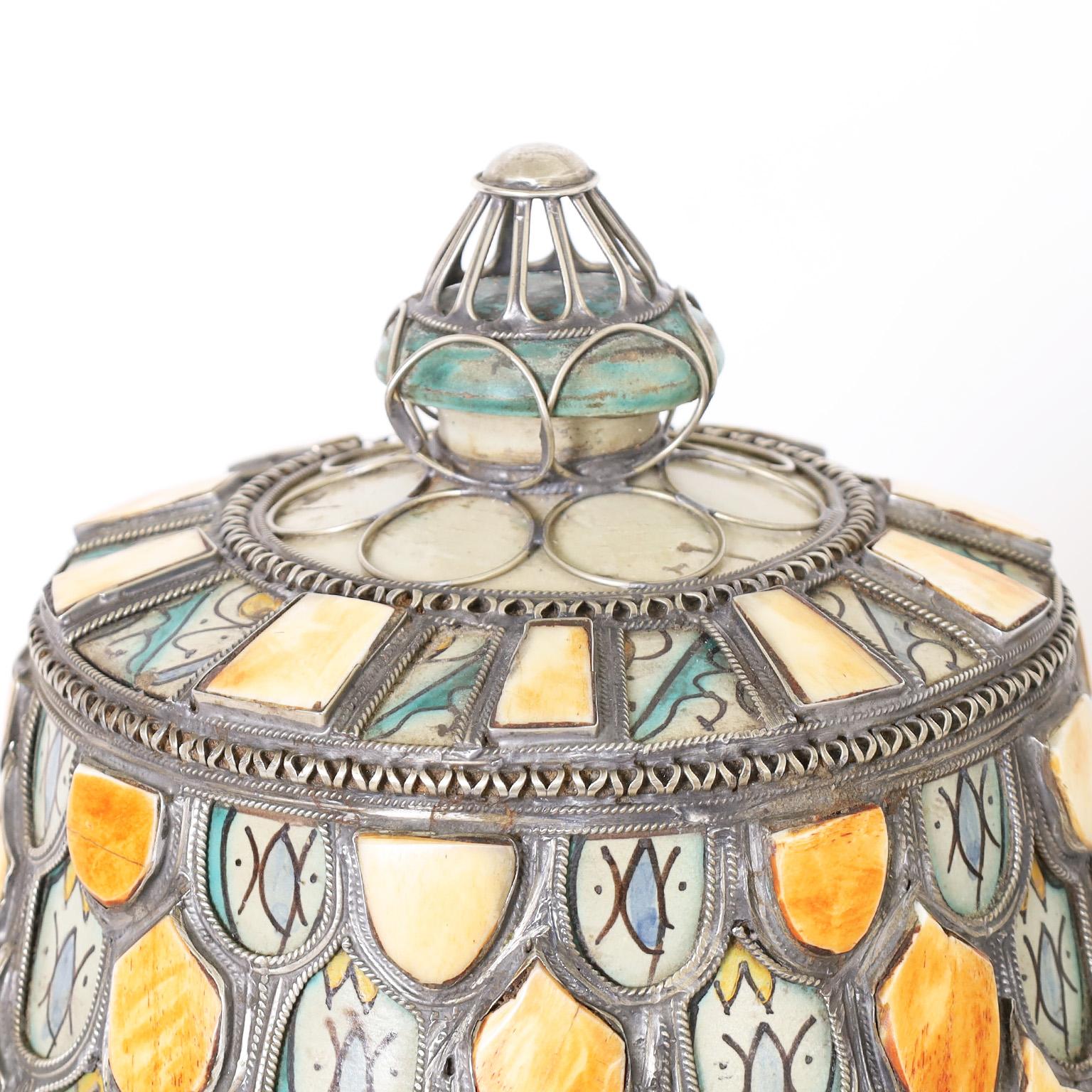 Moorish Moroccan Earthenware and Metal Lidded Jar