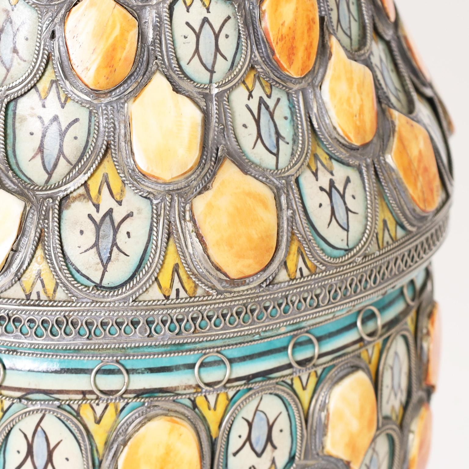 Hand-Crafted Moroccan Earthenware and Metal Lidded Jar